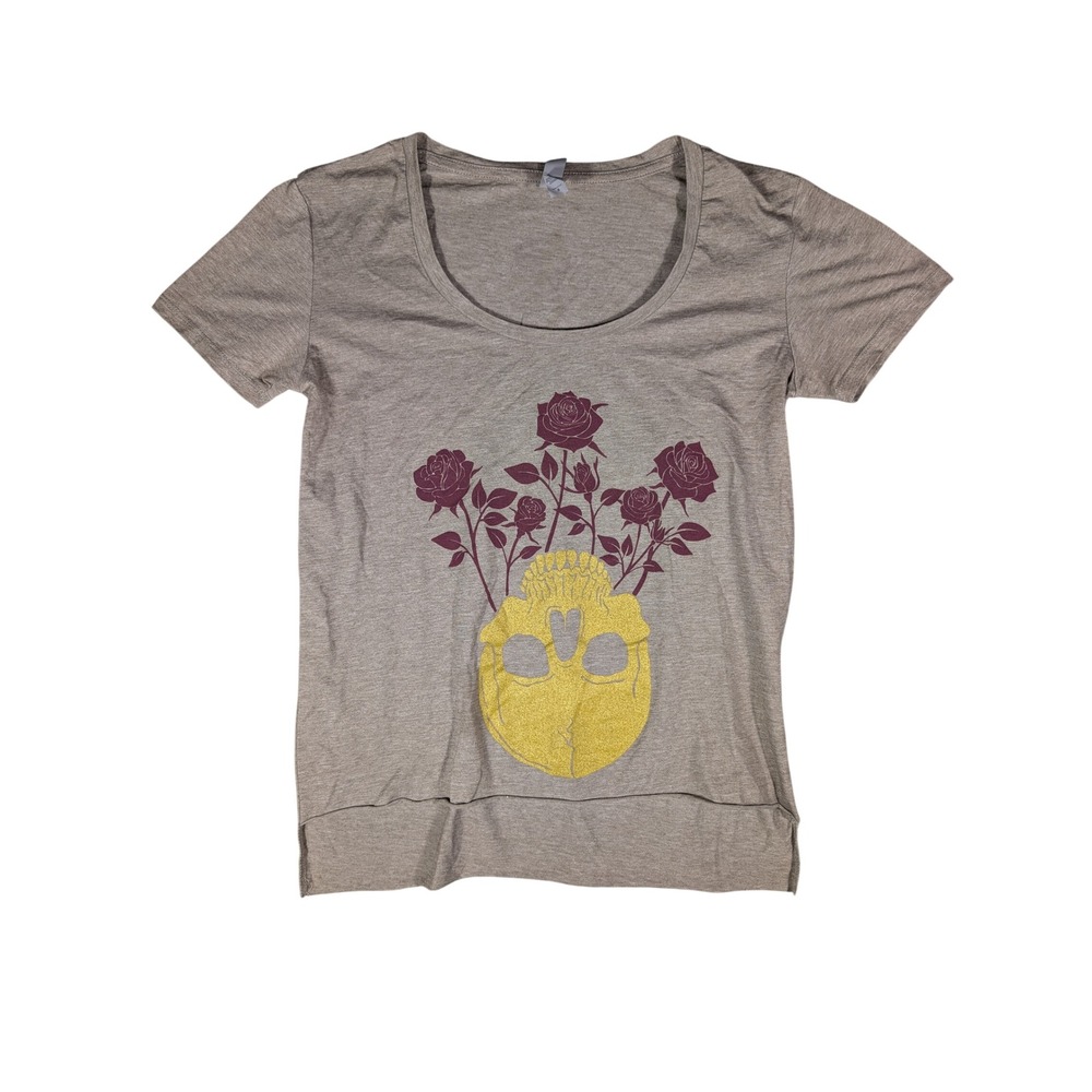 Next Level Apparel Womens Small Skull Roses Graphic Tee Heather Taupe Scoop Neck